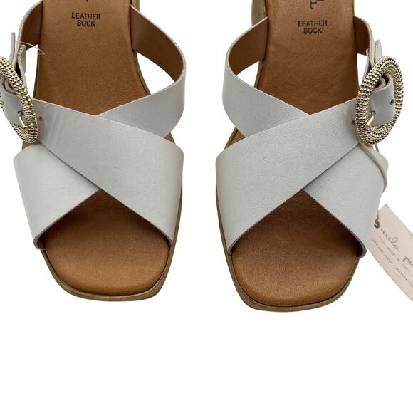 Mila Paoli NEW 7.5 White Leather Wedge Sandals Gold Buckle Made In Italy Boho - Picture 7 of 11